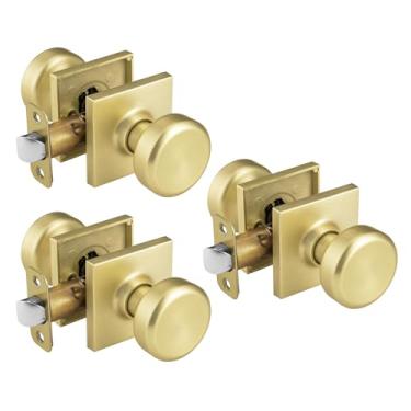 Imagem de NCSEN Pacote com 3 maçanetas internas douradas para hall e armário, maçaneta Pismo com roseta quadrada, maçaneta de porta de passagem resistente para latão acetinado
