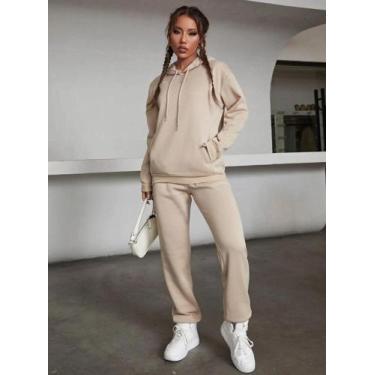 Imagem de Conjunto Feminino Canguru Bege Safari Marrom Claro De Algodão Flanelad
