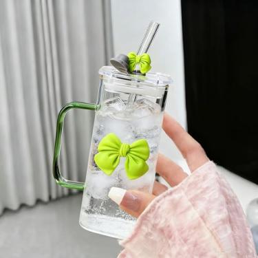 Imagem de YINXIANJIN Copos de vidro quadrados de 368,5 g com tampas e canudos, copo de vidro resistente ao calor com alça laço nó copos transparentes para água, suco, café gelado, leite, chá (verde)
