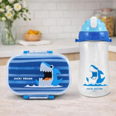 Imagem de Kit Pote Lancheira de 400ml e Garrafa 460ml Infantil Para Levar a Merenda Escolar Piquinique Lanche da Tarde Armazena Alimento e Bebidas (Azul Tubarão)