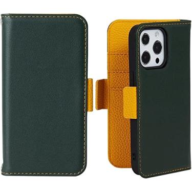 Imagem de CYSUE Capa carteira para iPhone 13 Pro Max/13 Pro/13/13 Mini, capa flip de couro de vaca premium com suporte de cartão capa de notebook flip magnética (cor: verde, tamanho: 13 mini 5,4 polegadas)