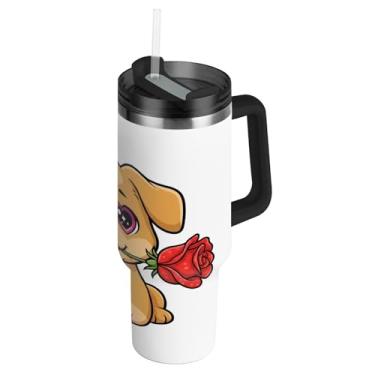 Imagem de ATTX Copo de cachorro de desenho animado de 1,134 g Dia dos Namorados com alça, copo de aço inoxidável a vácuo de parede dupla com palha, caneca de café de viagem isolada #254