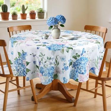 Imagem de Arquiel Toalha de mesa de hortênsia azul redonda lavável na máquina, toalha de mesa floral, 178 x 178 cm, capa de mesa de poliéster para cozinha, jantar, festa, decoração ao ar livre