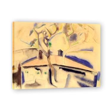 Imagem de Arte de parede em tela Charles Demuth em forma de casa e árvore - reprodução de pintura a óleo abstração geométrica, design de interiores colorido ousado 19,78 x 65 cm emoldurado
