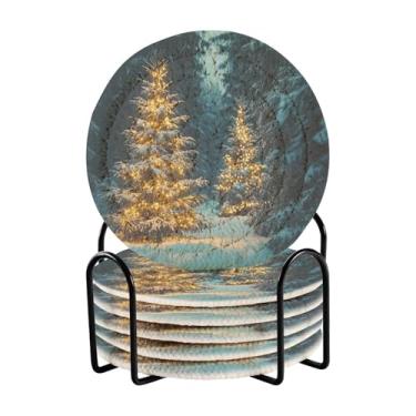 Imagem de Blueangle 6 peças lindas bases de copos de árvores de Natal para bebidas, porta-copos de tecido redondo super absorvente para mesa de café, proteção de mesa para decoração de casa (264)