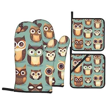 Imagem de Luvas de cozinha e suporte de panela resistentes ao calor com estampa fofa de corujas de desenhos animados, confortáveis