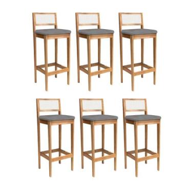 Imagem de Kit 6 Banquetas Estofada em Linho Encosto Palhinha Bruna - Ismalu, mel