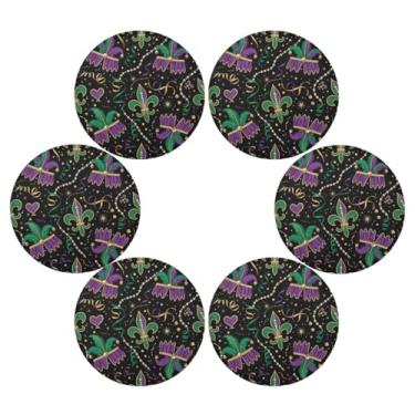 Imagem de Wassud Jogo americano conjunto de 6 tapetes de mesa redondos com tema de carnaval para cozinha e jantar tapetes laváveis resistentes ao calor decoração de mesa 39 cm