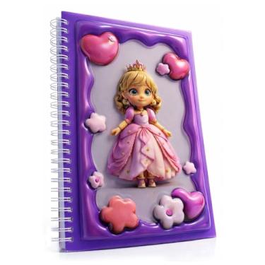 Imagem de omatek smart technologies Caderno espiral com capa brilhante 3D A5 – Caderno de capa dura fofo com 80 folhas – Caderno escolar para crianças, meninas e meninos – Pequena princesa