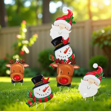 Imagem de Arte de jardim de metal com 3 Papai Noel, o boneco de neve, decoração de Natal do jardim do alce, decorações de Natal, enfeites de gramado, decorações de arte de natal destacáveis do lado de fora