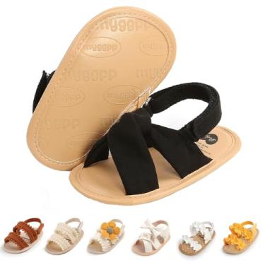 Imagem de Ohwawadi Sandálias para bebês meninos meninas sola macia verão vestido de casamento sapatos rasos sandália praia recém-nascido berço sapatos primeiros andadores, A09/Preto, 0-6 Meses