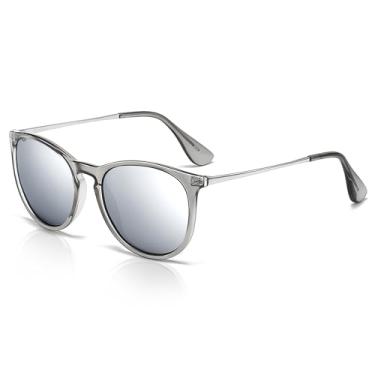 Imagem de SUNGAIT Óculos de sol redondos vintage premium para mulheres e homens, estilo clássico retrô moderno, Lente espelhada prata polarizada 09/armação cinza transparente