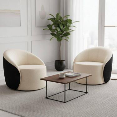 Imagem de Poltrona Sala Orgânica Kit 2 Lua Fixa Sintético Pu Preto/bouclê D03 - D`rossi Cor Bege