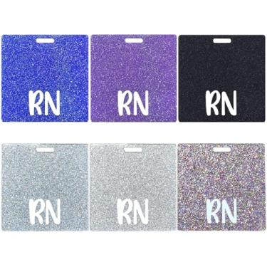 Imagem de Huakaile Pacote com 6 porta-cartões de acrílico RN, 8,38 cm, crachá de enfermeira colorido, etiqueta com glitter horizontal para identificação de identificação registrada, nome exibido, acessórios A