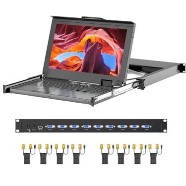 Imagem de Montagem em rack KVM com monitor LCD de 15,6 polegadas, switch Arvitek 8 portas KVM VGA com alça, serve para rack de 1U de 48 cm, adequado para gabinete de rede de 600 a 800 mm + 8 cabos VGA KVM