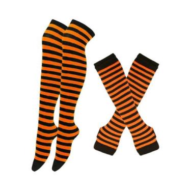 Imagem de Meias De Algodão Estampadas Com Listras Acima Do Joelho Para Mulheres 