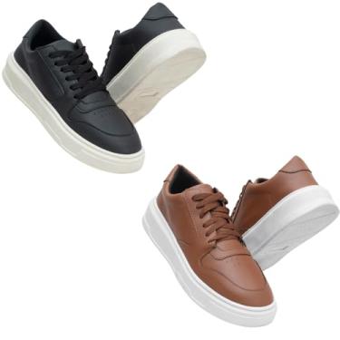Imagem de Tênis Masculino Casual em Couro Ecológico, Sola Alta, Minimalista, Preto com Branco, Slip On, para Dia a Dia e Trabalho, Kit 2 Pares (Preto/off + Caramelo, BR, Adulto, Numérico, 42)