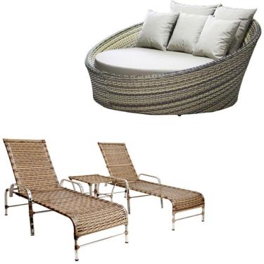 Imagem de Kit Chaise Com 2 Espreguiçadeiras Catar Reguláveis Com Almofadas Capuccino