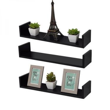 Imagem de Kit 3 Prateleiras U 70 X 15cm Preta Suporte Invisível