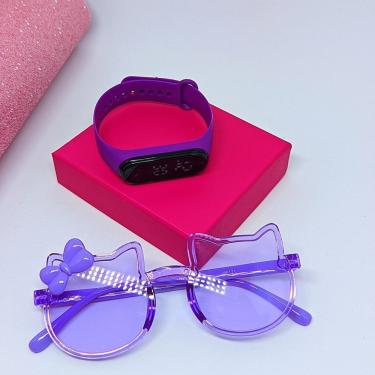 Imagem de Kit Relógio Digital Bracelete Silicone ajustável Menina + Óculos de Sol Gatinho Hello Kitty com Laço Protenção Uv400