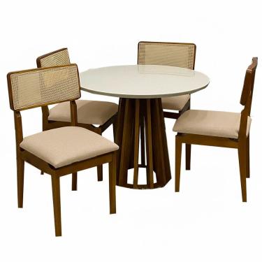 Imagem de Mesa de Jantar Berlim 100cm Redonda com Vidro e 4 Cadeiras Canada em Linho Madeira Cel Móveis Cor Cinamomo Off White com Tecido Bege