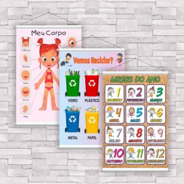 Imagem de kit com 3 Banner Educativo Meu Corpo, Reciclagem, Meses do Ano 70x55cm