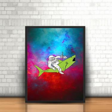 Imagem de Quadro com Moldura Tumblr Astronauta e Tubarão Galáxia 60x40