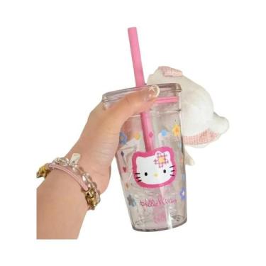 Imagem de Copo Transparente Grande Com Canudo Hello Kitty Rosa, Copo De Água Kaw