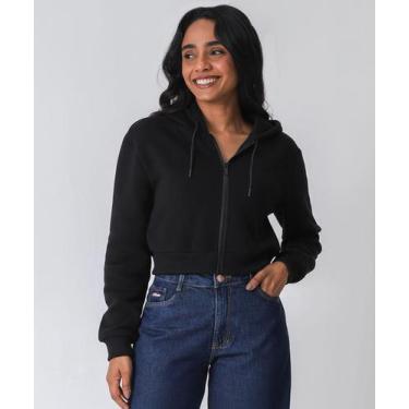 Imagem de Casaco Feminino Cropped Moletom Flanelado Marisa Preto, Preto, M