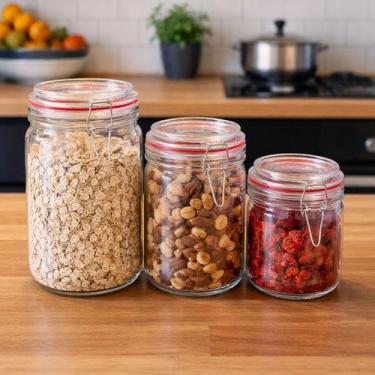 Imagem de Potes Hermético Mantimentos De Vidro 300ml 750ml 1L Kit 3pçs - Genéric
