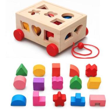 Imagem de Brinquedo de madeira, puxar, carrinho, montessoriano, animais, cogniti