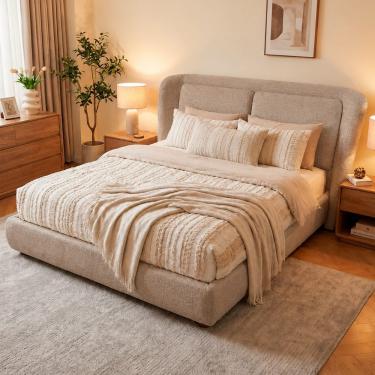 Imagem de Cama Japonesa King Seo com Cabeceira Blind Estofada em Linho Bege Madeira de Eucalipto Sallar Home 209CM