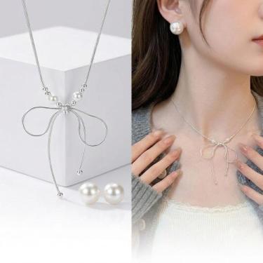 Imagem de Conjunto Brinco e Colar Feminino Laço Pingente Perola Prata Banhado El