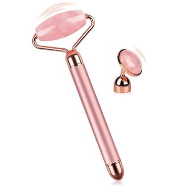 Imagem de POPCHOSE Massageador facial elétrico Jade Roller 2 em 1, conjunto de quartzo rosa natural à prova d'água, ferramentas vibratórias para cuidados com a pele, anti-envelhecimento, firmador para o rosto, olhos e pescoço, rosa