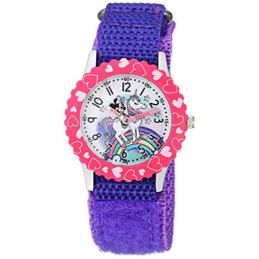 Imagem de Disney Relógio analógico de quartzo para meninas Minnie Mouse em aço inoxidável com pulseira de nylon, roxo, 20 (modelo: WDS000750)