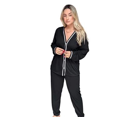 Imagem de Pijama Feminino Americano de Frio com Botões Blusa manga Comprida e Calça roupa de dormir inverno gestação amamentação cirurgico (Preto, GG 44-46)