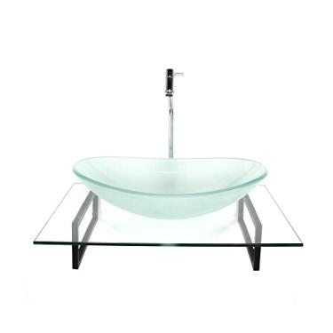 Imagem de KIT CUBA DE VIDRO OVAL JATEADA COM TAMPO 60CM INCOLOR E SUPORTE TORNEIRA VALVULA