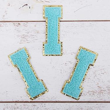 Imagem de Pacote com 3 adesivos de chenille ferro sobre purpurina, letras "I" - Tecido de chenille azul com acabamento dourado - Costurar ou passar - 5,5 cm de altura