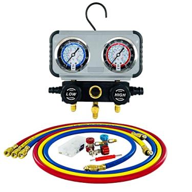 Imagem de Medidor de Manifold de 3 vias para R410, R134A, R12, R22 Refrigerantes com Válvula de Alumínio para Diagnóstico, Evacuação a Vácuo, com Design de Disco Gilcerol para Absorção de Choque