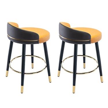 Imagem de Bsillas Cocina de Barra Conjunto de 2 Cadeiras Bar Giratórias Balcão Ilha, Bancos Bar de Cozinha Altura Balcão, Pele Napa Preto Cromado Pernas Douradas, Sem Braços 360° Pedais Redondos Assento 62 Cm