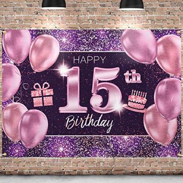 Imagem de PAKBOOM Pano de fundo Happy 15th Birthday Banner - 15 artigos de decoração de festa de aniversário para meninas - rosa roxo dourado 1,2 x 1,8 m