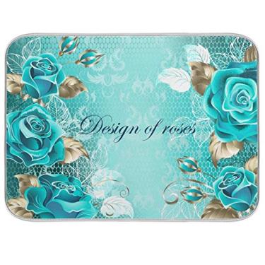 Imagem de Tapete de secagem de louças com flores de rosa turquesa 40,6 x 45,7 cm, tapete de microfibra reversível absorvente para cozinha, protetor de pratos