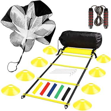 Imagem de Conjunto de treinamento de velocidade de escada de agilidade 8 m para prática de velocidade de coordenação de trabalho nos pés 8 cones de disco para corrida de paraquedas faixas de resistência de corda para atletas, amarelo, 8 m