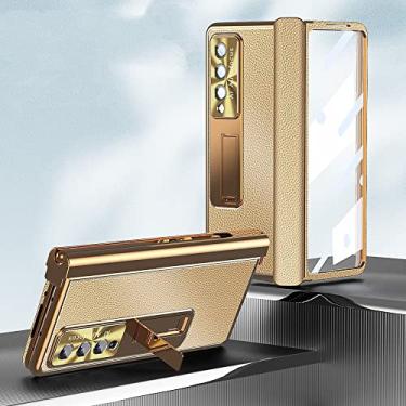 Imagem de Capa de filme de vidro de cobertura completa fashion para Samsung Galaxy Z Fold 4 Fold3 Fold4 Fold 3 Zfold4 S Pen Holder Capas de couro, ouro escuro, para Samsung Z Fold 4