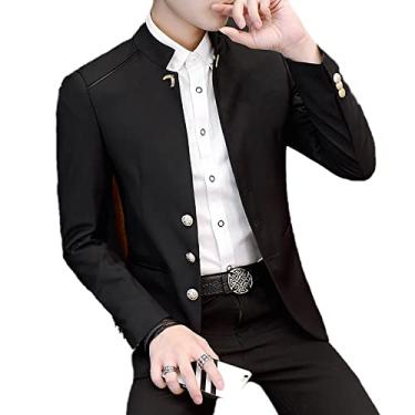 Imagem de Blazer masculino primavera gola alta terno jaqueta cor sólida 3 botões leve slim fit manga longa casaco fino para casamento, preto, G (170/84A)