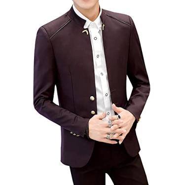 Imagem de Blazer masculino primavera gola alta terno jaqueta cor sólida 3 botões leve slim fit manga longa casaco fino para casamento, marrom, G (170/84A)