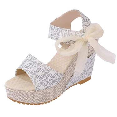 Imagem de Sandálias femininas de tecido de algodão anabela femininas bico aberto sandálias de salto plataforma de deslizamento floral flor sapatos de cadarço (branco, 36)