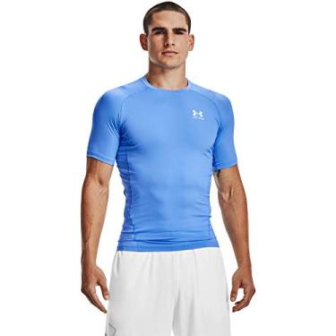 Imagem de Under Armour Camiseta masculina Armour Heatgear de compressão de manga curta, azul Carolina (475)/branca, grande
