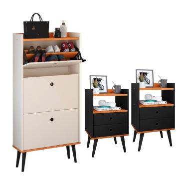 Imagem de Kit Sapateira Vertical 3 Gavetas Basculantes Dark Off White/Cinamomo e 2 Mesinhas Canto Quarto Nicho Decorativo Dream Preto/Cinamomo RPM