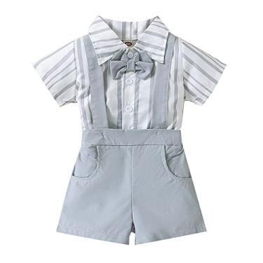 Imagem de Baby Boy Checklist Camiseta infantil meninos manga curta listrada estampas tops suspensórios shorts crianças 4t (cinza, 6-9 meses)